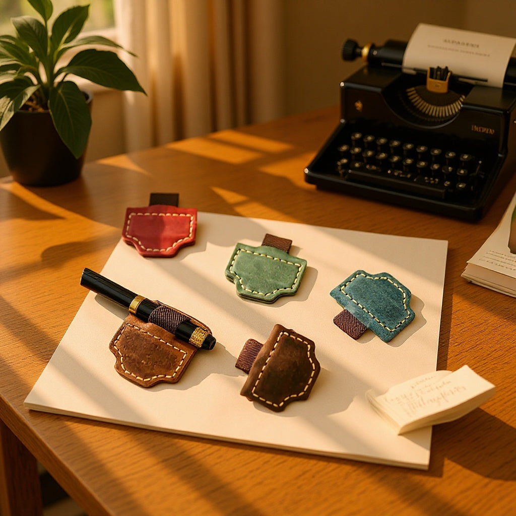 Leather magnetic bookmark with pen clip